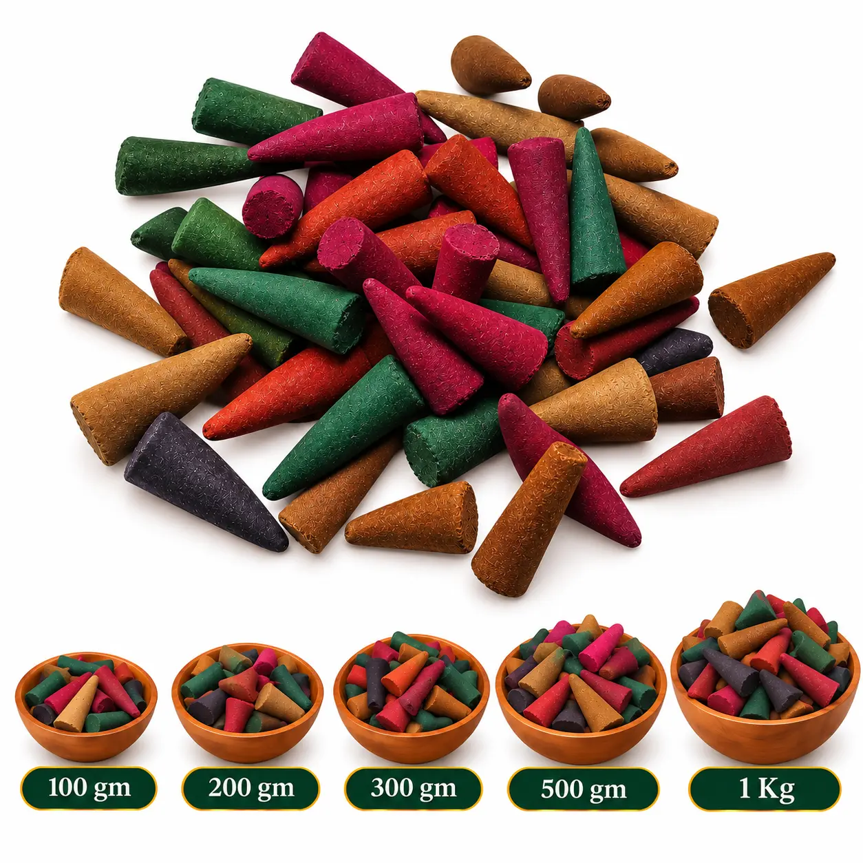 Multicolor 5-Flavour Herbal Dhoop Cones – Loban, Javvathu, Sandal, Marikolunthu & Guggul